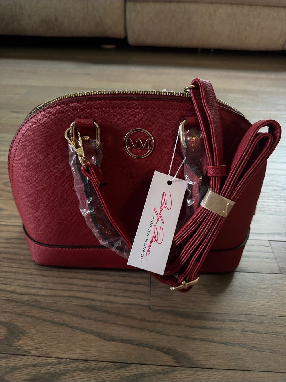 Marilyn Monroe Burgundy Dome Crossbody Bag with Gold Hardware